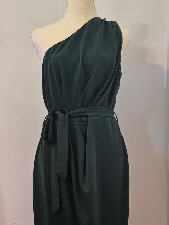 Hanna Nikole Dresses & Skirts - One Shoulder Midi Dress Dark Green Asymmetrical Wrap Hem Tie Waist 14 Old Money